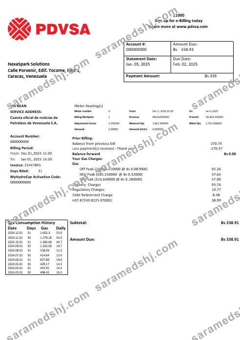 Venezuela PDVSA Gas business utility bill template in Word and PDF formats